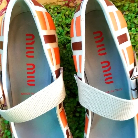 MIU MIU Y2k Orange  Brown Basketweave Italy  Leather Mary Janes Shoes 39 8.5 Euc - Picture 6 of 16